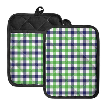 White Navy And Green Plaid Print Pot Holders With Pocket