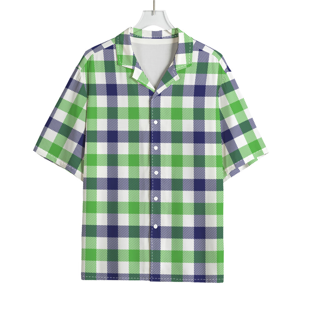 White Navy And Green Plaid Print Rayon Hawaiian Shirt