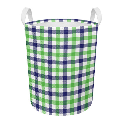 White Navy And Green Plaid Print Round Laundry Basket