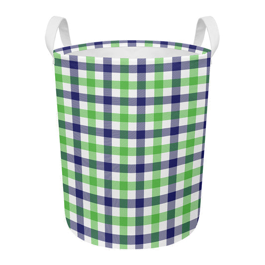 White Navy And Green Plaid Print Round Laundry Basket