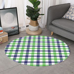 White Navy And Green Plaid Print Round Rug