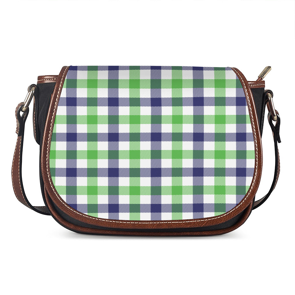 White Navy And Green Plaid Print Saddle Bag