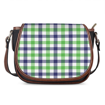 White Navy And Green Plaid Print Saddle Bag