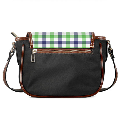 White Navy And Green Plaid Print Saddle Bag