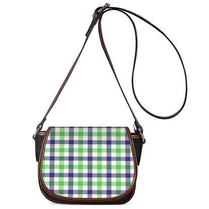 White Navy And Green Plaid Print Saddle Bag