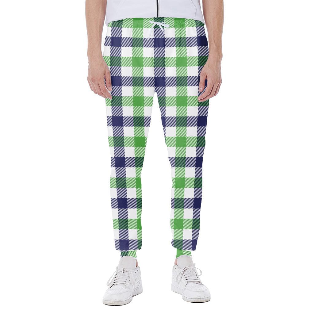 White Navy And Green Plaid Print Scuba Joggers