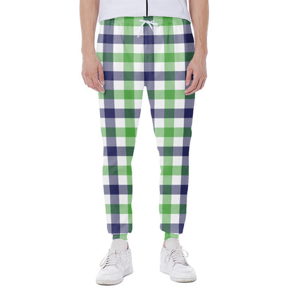 White Navy And Green Plaid Print Scuba Joggers