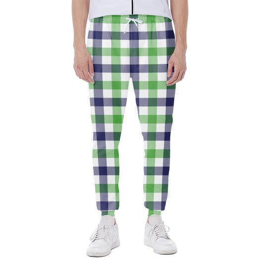 White Navy And Green Plaid Print Scuba Joggers