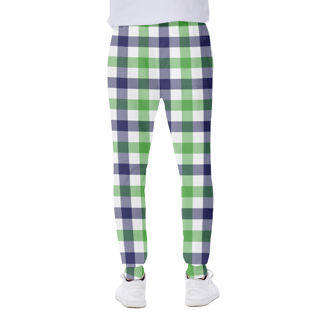 White Navy And Green Plaid Print Scuba Joggers