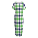 White Navy And Green Plaid Print Short Sleeve Long Nightdress