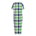 White Navy And Green Plaid Print Short Sleeve Long Nightdress