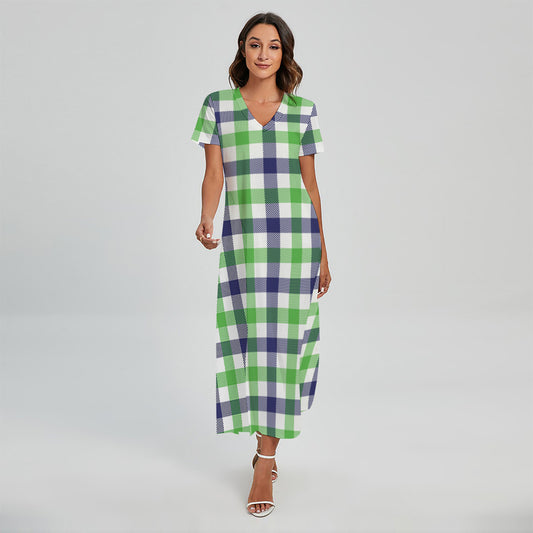 White Navy And Green Plaid Print Short Sleeve Maxi Dress