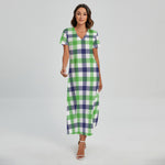 White Navy And Green Plaid Print Short Sleeve Maxi Dress