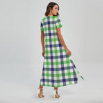 White Navy And Green Plaid Print Short Sleeve Maxi Dress