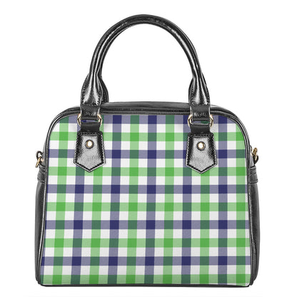 White Navy And Green Plaid Print Shoulder Handbag