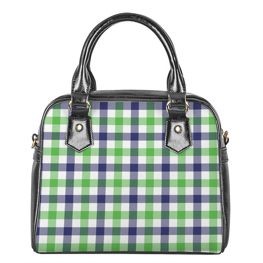 White Navy And Green Plaid Print Shoulder Handbag