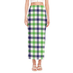 White Navy And Green Plaid Print Side Slit Maxi Skirt
