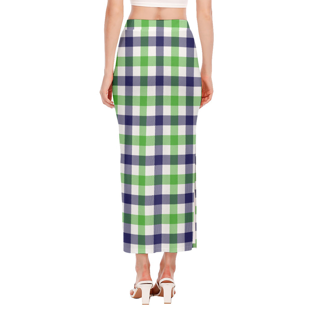 White Navy And Green Plaid Print Side Slit Maxi Skirt