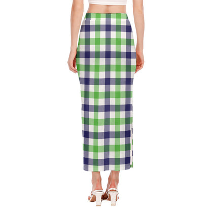 White Navy And Green Plaid Print Side Slit Maxi Skirt