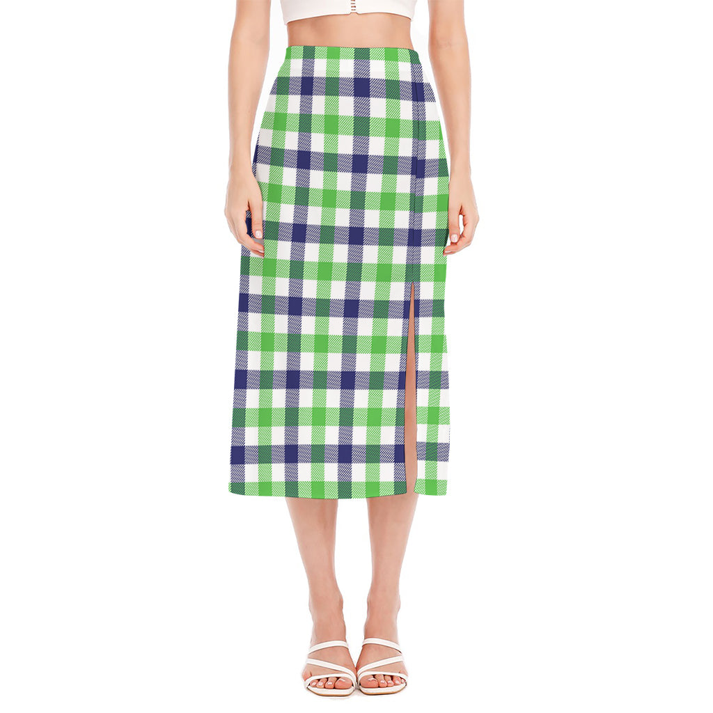 White Navy And Green Plaid Print Side Slit Midi Skirt