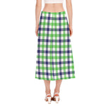 White Navy And Green Plaid Print Side Slit Midi Skirt