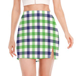 White Navy And Green Plaid Print Side Slit Mini Skirt