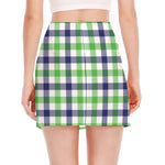 White Navy And Green Plaid Print Side Slit Mini Skirt