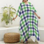 White Navy And Green Plaid Print Silk V-Neck Kaftan Dress