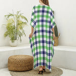 White Navy And Green Plaid Print Silk V-Neck Kaftan Dress