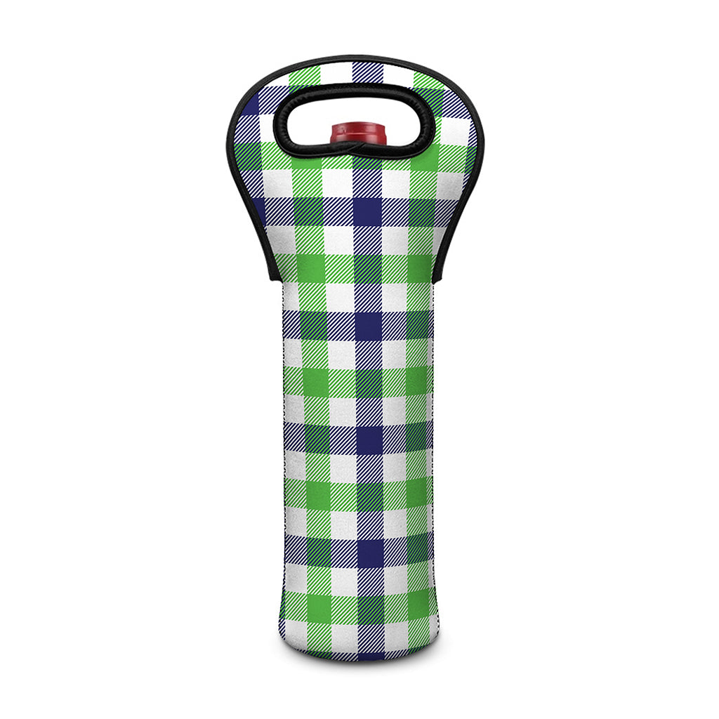 White Navy And Green Plaid Print Single Neoprene Wine Tote