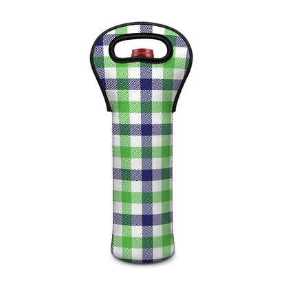 White Navy And Green Plaid Print Single Neoprene Wine Tote