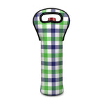 White Navy And Green Plaid Print Single Neoprene Wine Tote