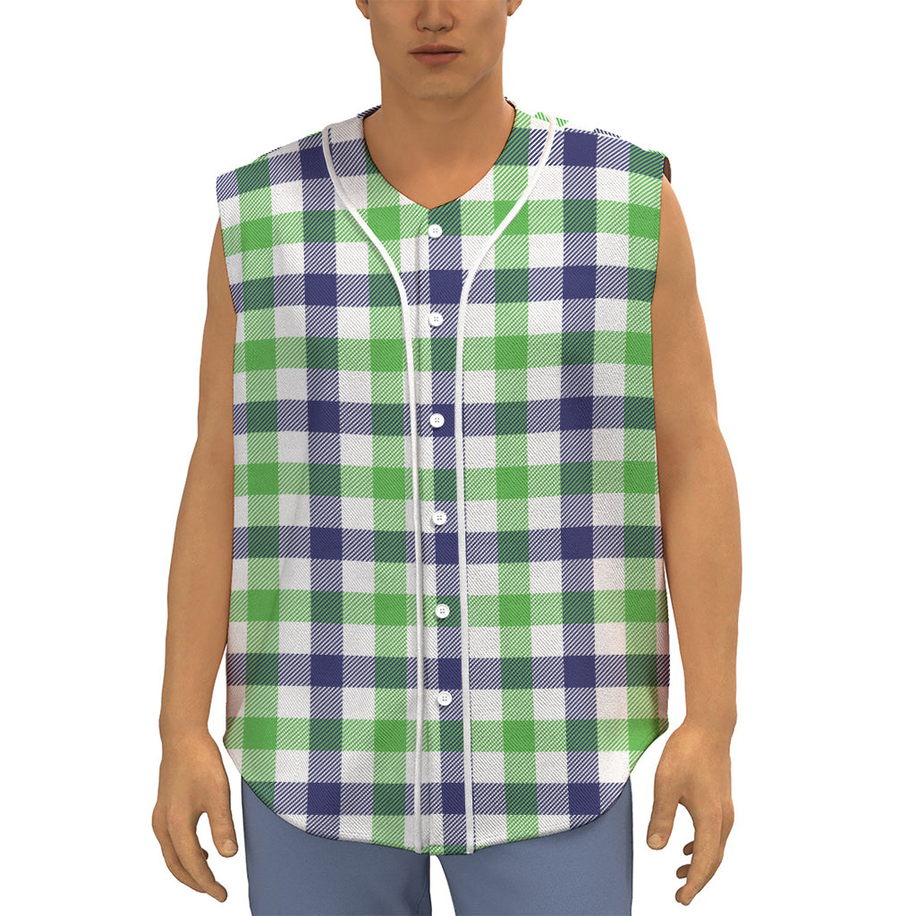 White Navy And Green Plaid Print Sleeveless Baseball Jersey