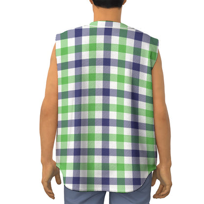 White Navy And Green Plaid Print Sleeveless Baseball Jersey
