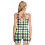 White Navy And Green Plaid Print Sleeveless One Piece Swimsuit