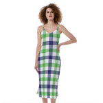 White Navy And Green Plaid Print Slim Fit Midi Cami Dress