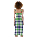 White Navy And Green Plaid Print Slim Fit Midi Cami Dress