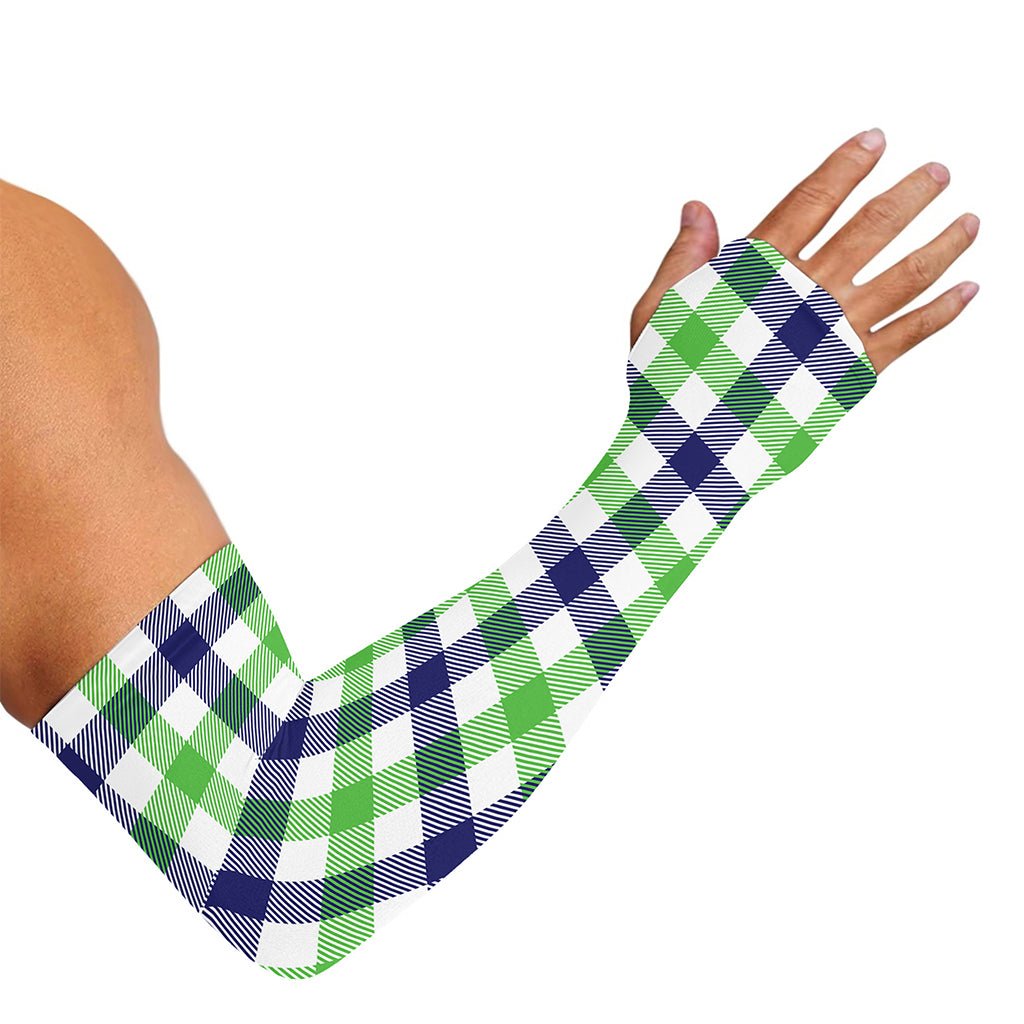 White Navy And Green Plaid Print Sun Protection Arm Sleeves