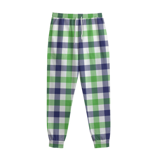 White Navy And Green Plaid Print Sweatpants