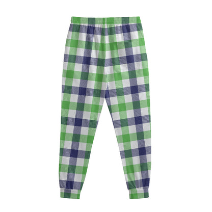 White Navy And Green Plaid Print Sweatpants