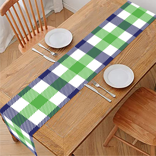 White Navy And Green Plaid Print Table Runner