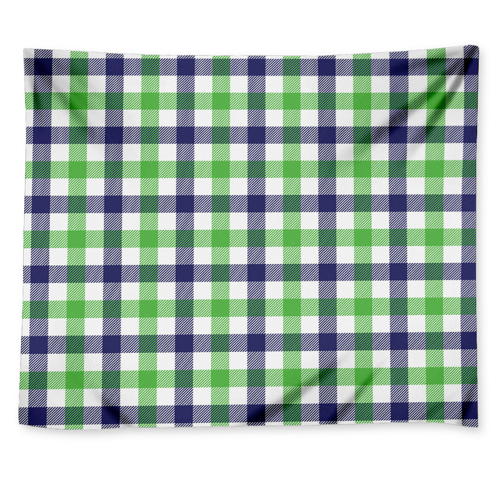White Navy And Green Plaid Print Tapestry