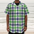 White Navy And Green Plaid Print Textured Short Sleeve Shirt