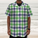 White Navy And Green Plaid Print Textured Short Sleeve Shirt