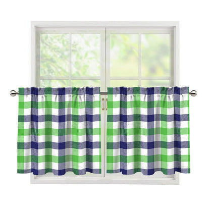White Navy And Green Plaid Print Tier Curtains