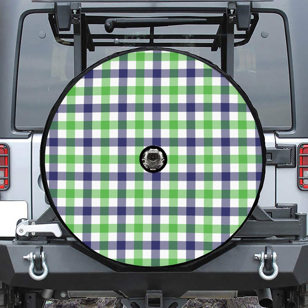 White Navy And Green Plaid Print Tire Cover With Camera Hole