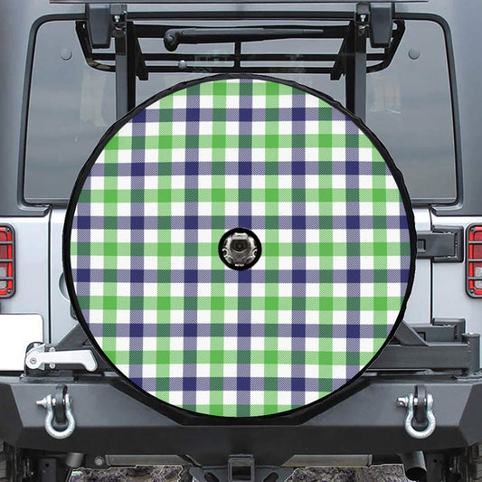 White Navy And Green Plaid Print Tire Cover With Camera Hole