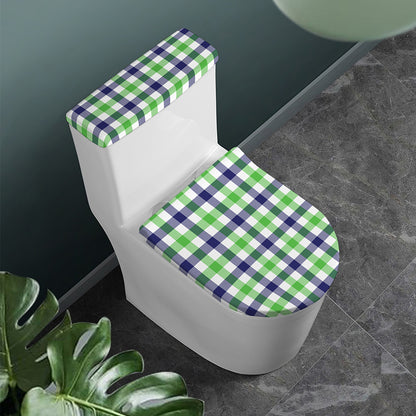 White Navy And Green Plaid Print Toilet Lid And Tank Cover Set