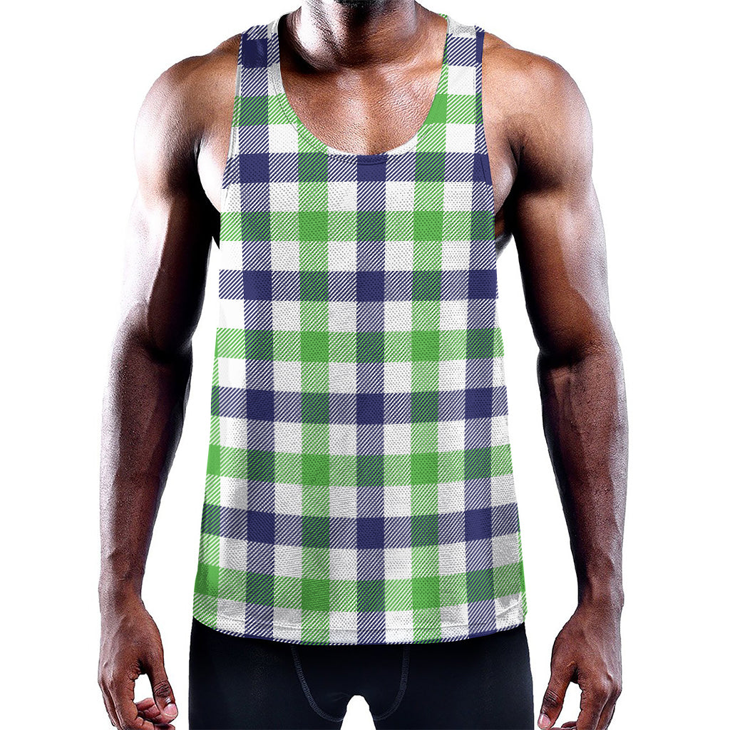 White Navy And Green Plaid Print Training Tank Top