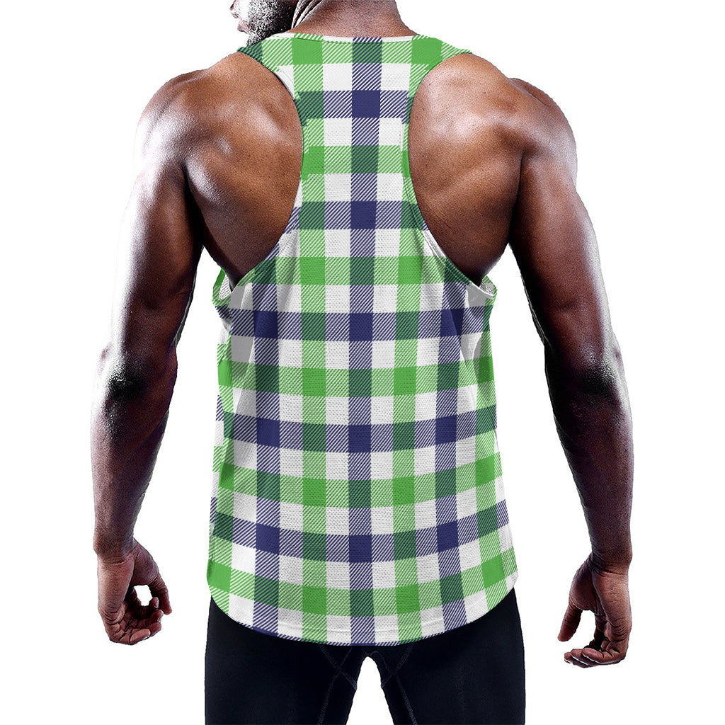 White Navy And Green Plaid Print Training Tank Top